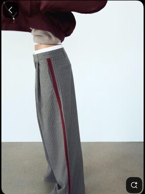 Zara Gray Pinstripe Trousers with Burgundy Side Stripe
